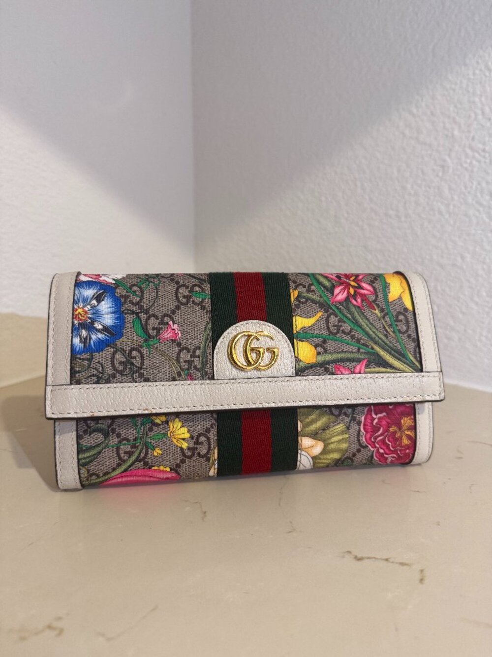 Gucci Floral GG Supreme Wallet with Green-Red Web and White Trim